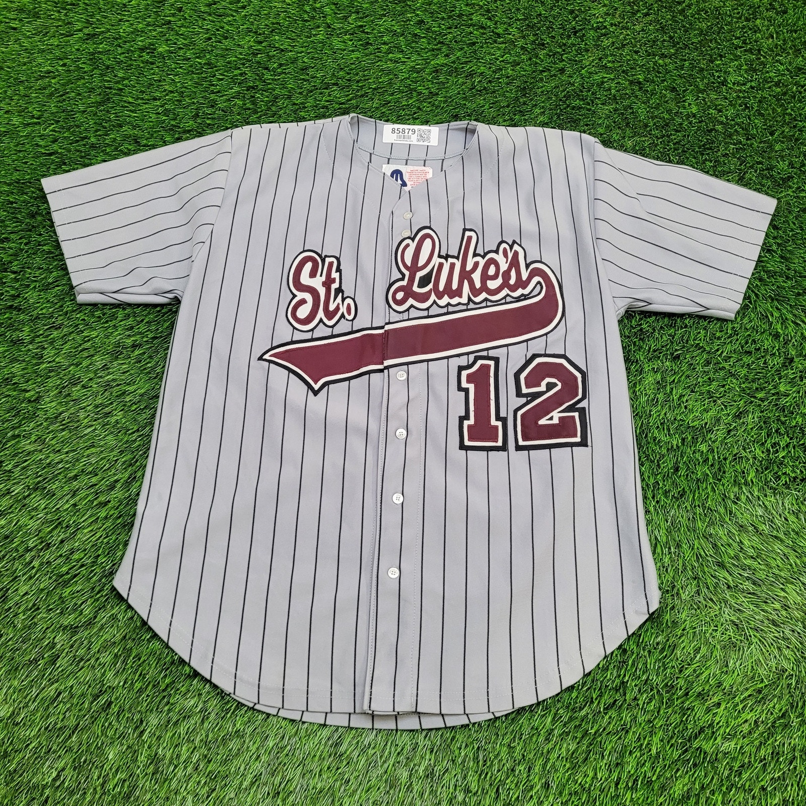Vintage 80s St-Lukes Baseball Jersey Shirt Large 23x30 Gray Baggy Stripes